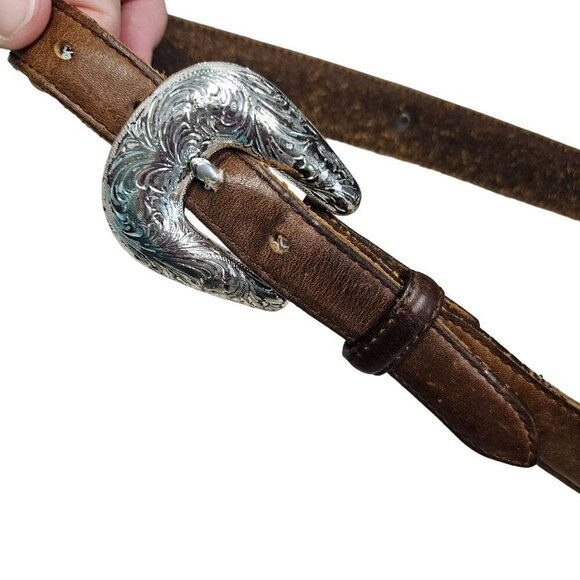 Tony Lama Rustic Leather Belt‎ Embossed Heart Concho Accents Silver Buckle sz 30 - Picture 3 of 14